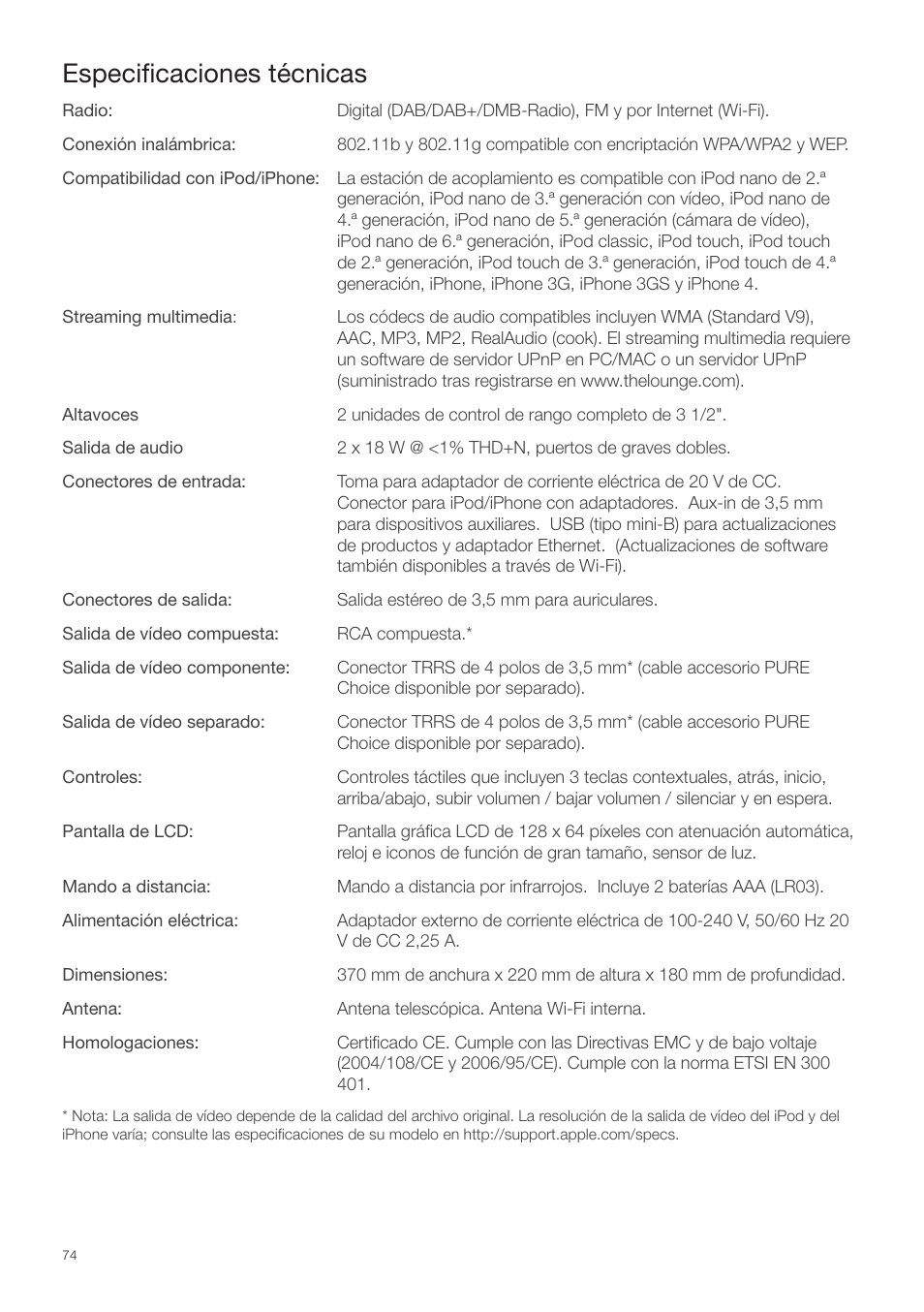 Especificaciones técnicas, Especiﬁcaciones técnicas | Pure Contour - Quick Start Guide User Manual | Page 74 / 76