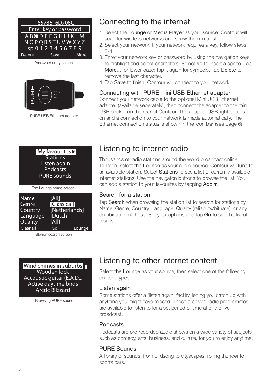 Connecting to the internet, Listening to internet radio, Listening to other internet content | Pure Contour - Quick Start Guide User Manual | Page 8 / 76