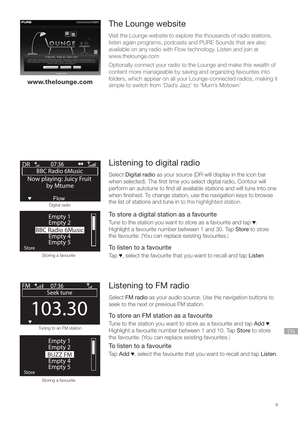 The lounge website, Listening to digital radio, Listening to fm radio | Pure Contour - Quick Start Guide User Manual | Page 9 / 76