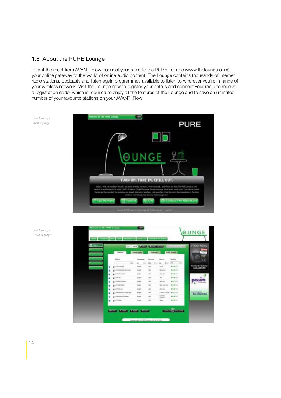 8 about the pure lounge | Pure Avanti Flow - User Guide User Manual | Page 14 / 47