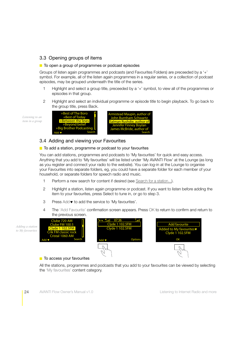 3 opening groups of items, 4 adding and viewing your favourites | Pure Avanti Flow - User Guide User Manual | Page 24 / 47