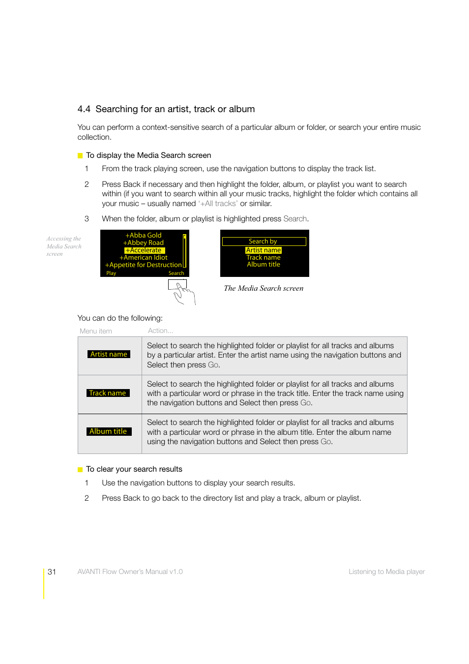 4 searching for an artist, track or album | Pure Avanti Flow - User Guide User Manual | Page 31 / 47