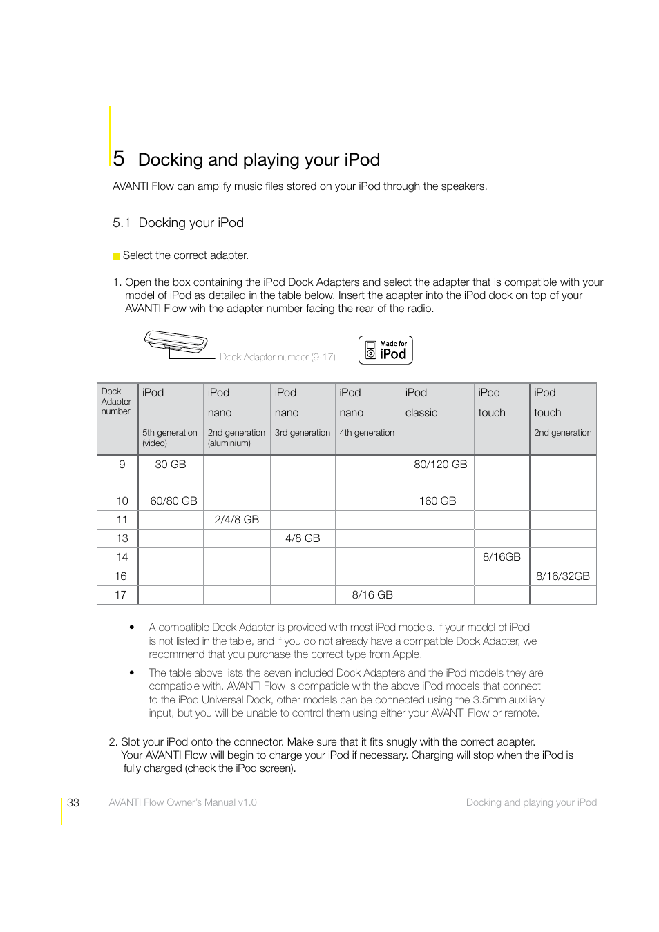 Docking and playing your ipod | Pure Avanti Flow - User Guide User Manual | Page 33 / 47