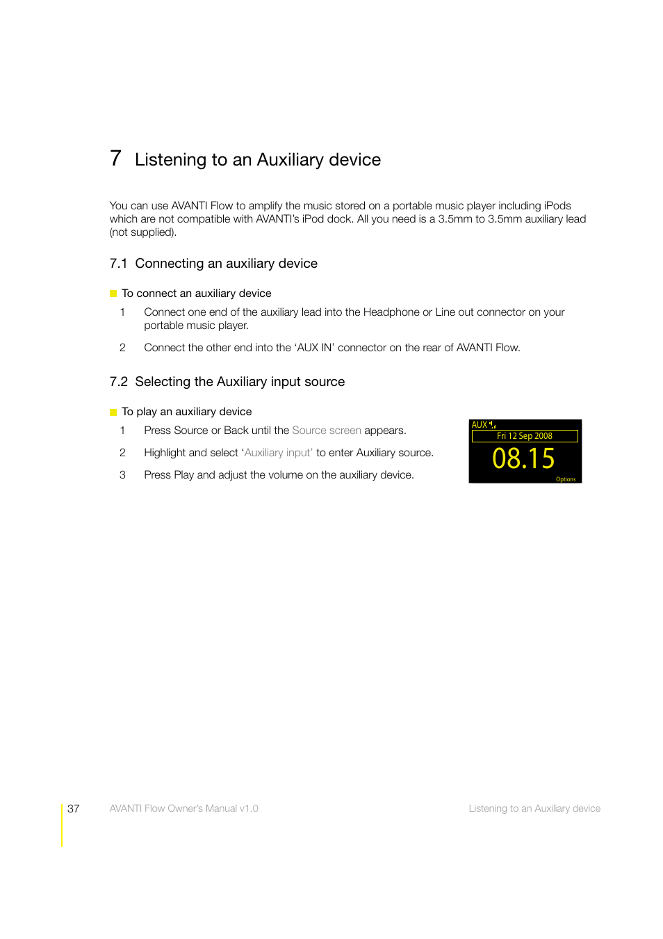 Listening to an auxiliary device | Pure Avanti Flow - User Guide User Manual | Page 37 / 47