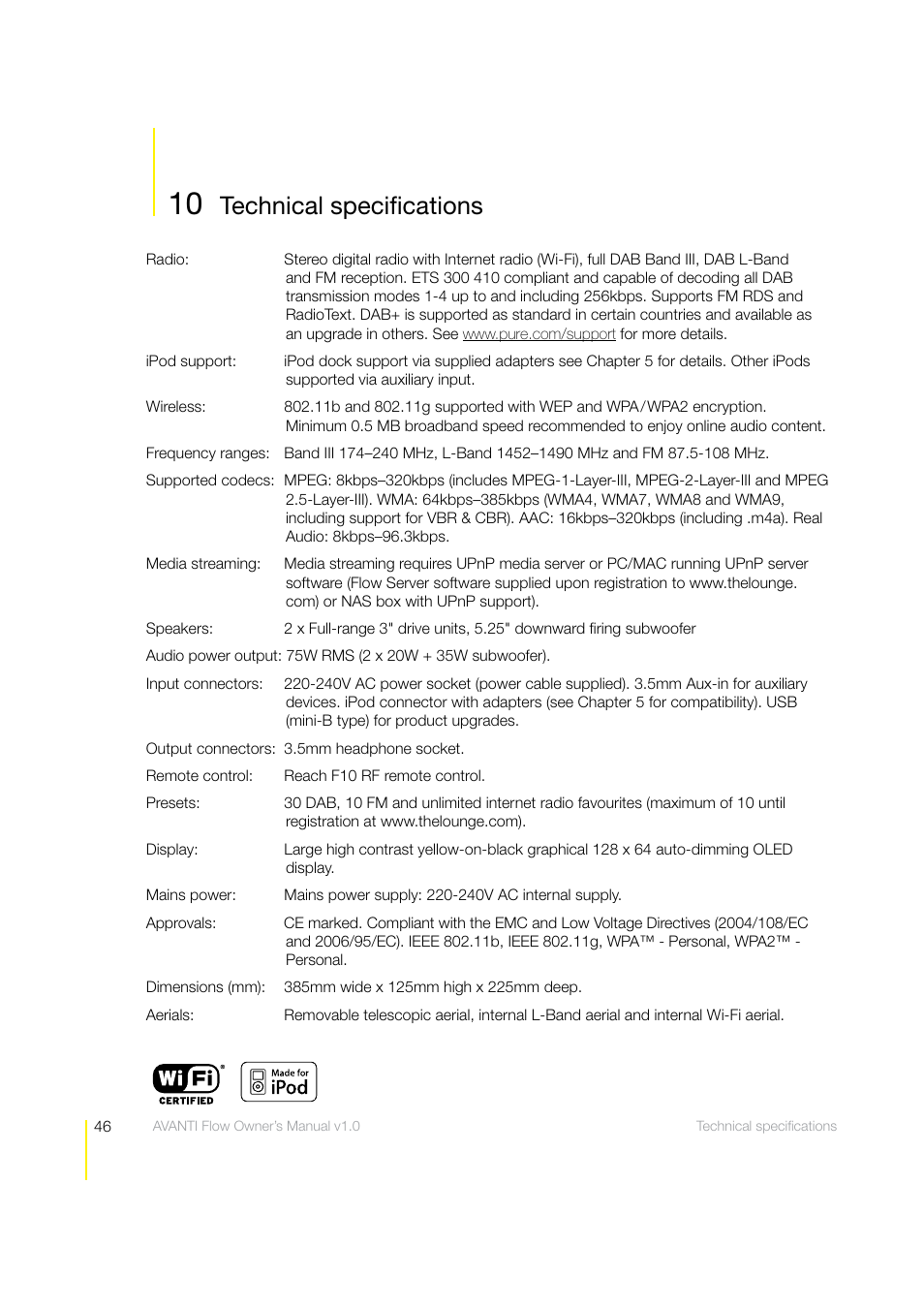 Technical speciﬁcations | Pure Avanti Flow - User Guide User Manual | Page 46 / 47