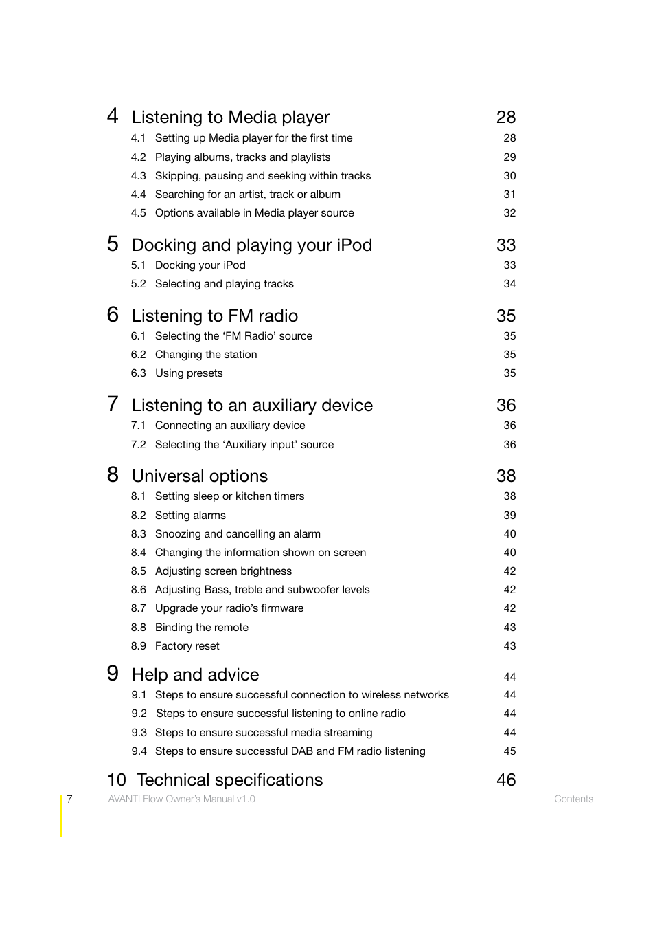 Listening to media player 28, Docking and playing your ipod 33, Listening to fm radio 35 | Listening to an auxiliary device 36, Universal options 38, Help and advice, 10 technical speciﬁcations | Pure Avanti Flow - User Guide User Manual | Page 7 / 47