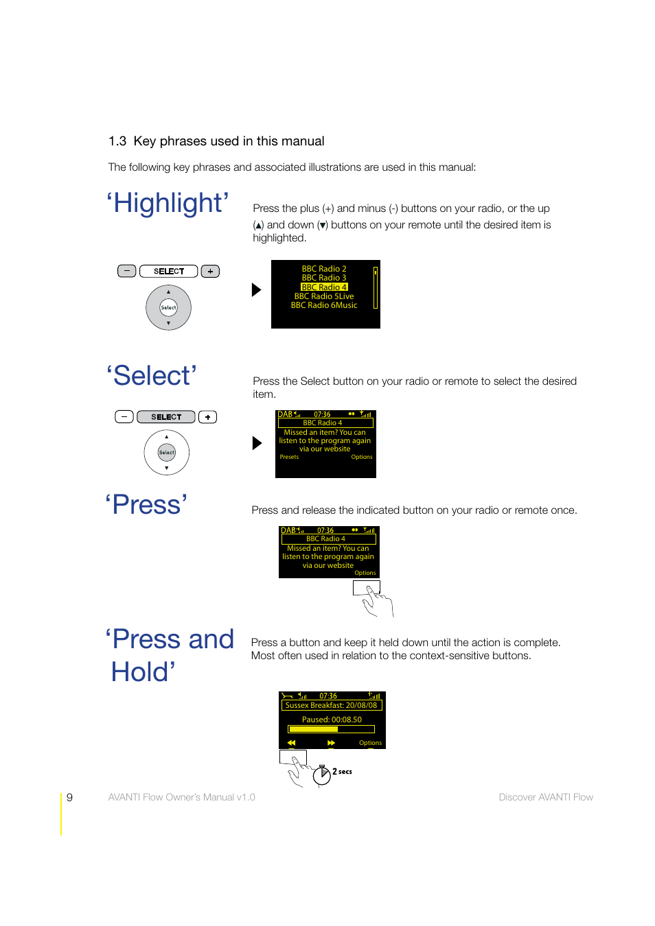 Press and hold, Highlight, Select | Press | Pure Avanti Flow - User Guide User Manual | Page 9 / 47