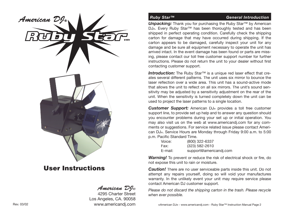 American DJ Ruby Star User Manual | 4 pages