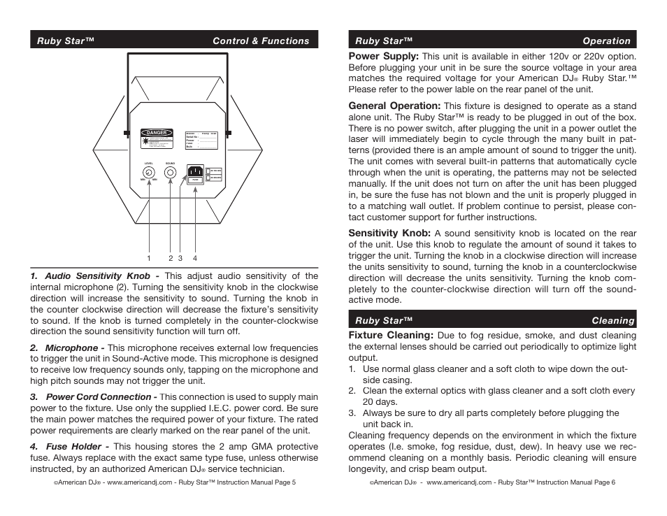 Power supply, General operation, Sensitivity knob | Fixture cleaning, Service technician | American DJ Ruby Star User Manual | Page 3 / 4
