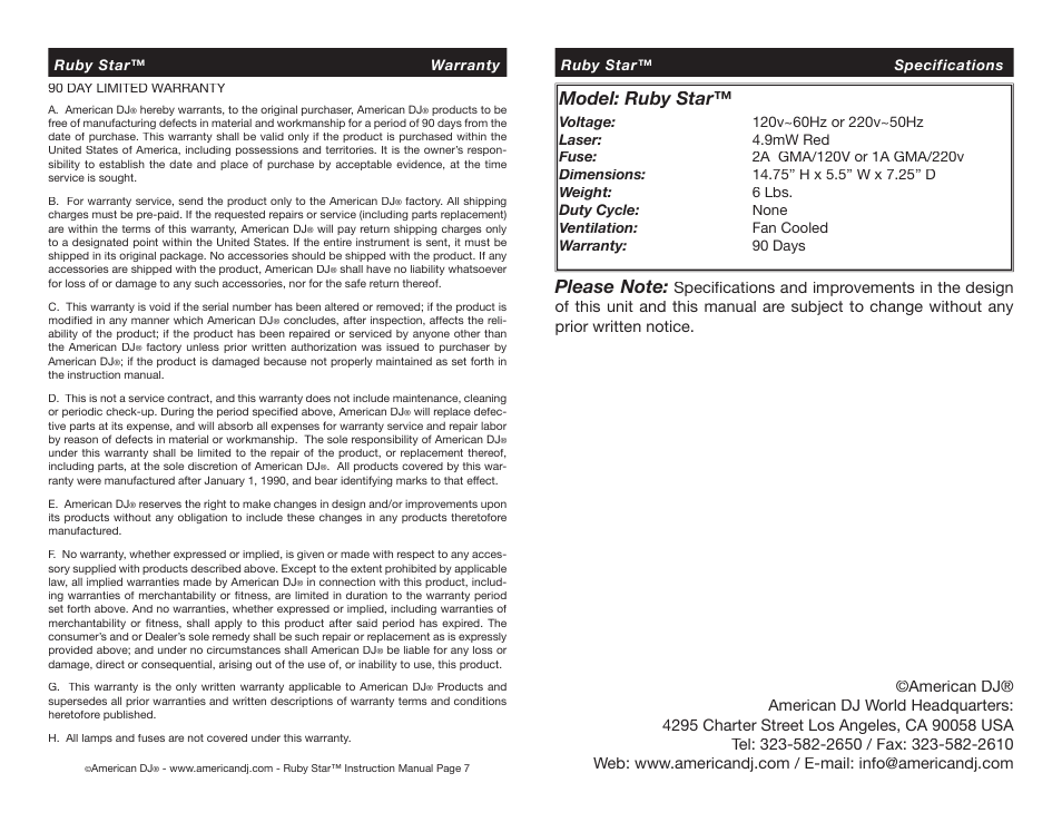 Model: ruby star | American DJ Ruby Star User Manual | Page 4 / 4