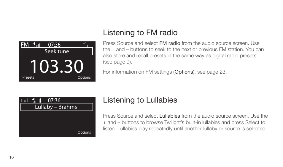 Listening to lullabies listening to fm radio | Pure Twilight User Manual | Page 10 / 160