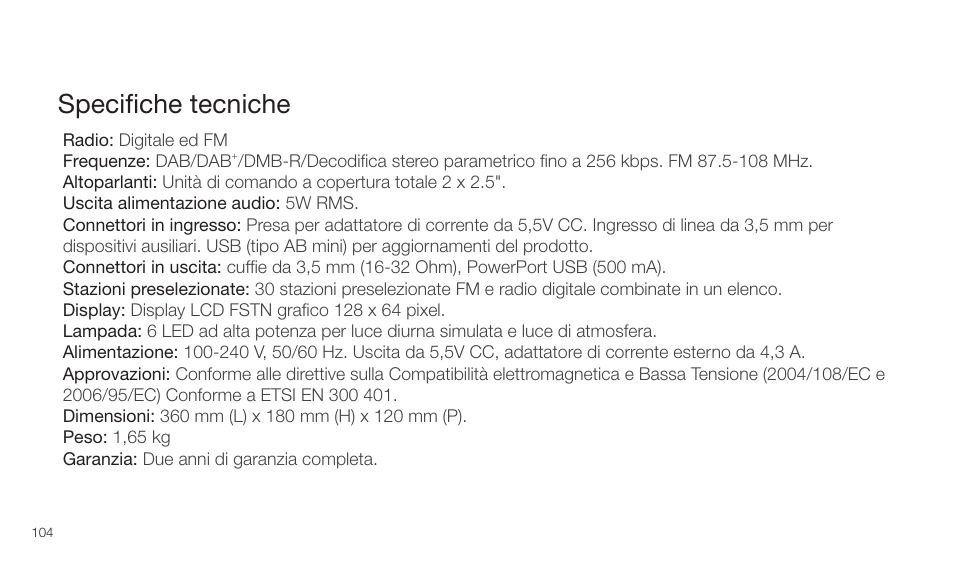 Speciﬁche tecniche | Pure Twilight User Manual | Page 104 / 160