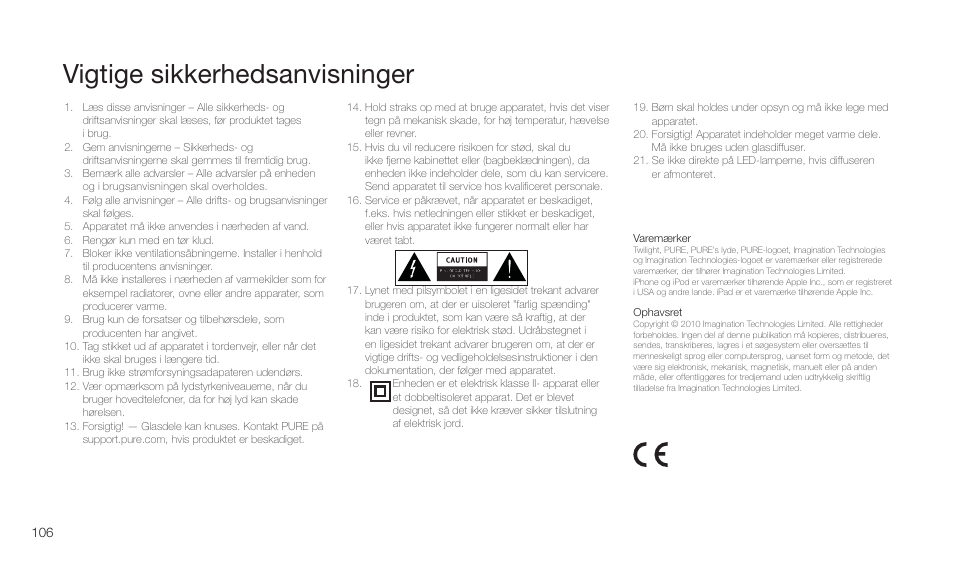 Vigtige sikkerhedsanvisninger | Pure Twilight User Manual | Page 106 / 160