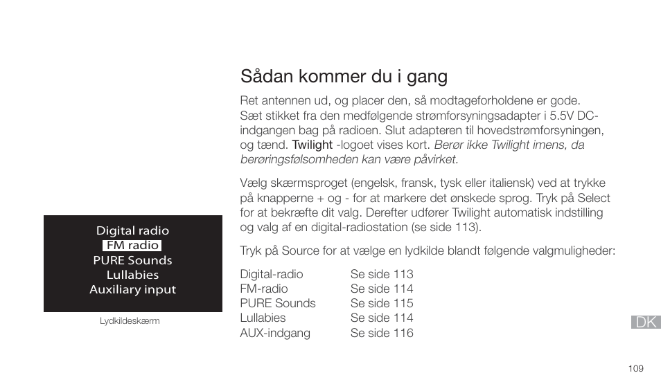 Sådan kommer du i gang | Pure Twilight User Manual | Page 109 / 160