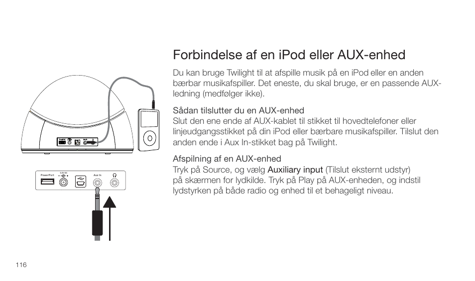 Forbindelse af en ipod eller aux-enhed | Pure Twilight User Manual | Page 116 / 160