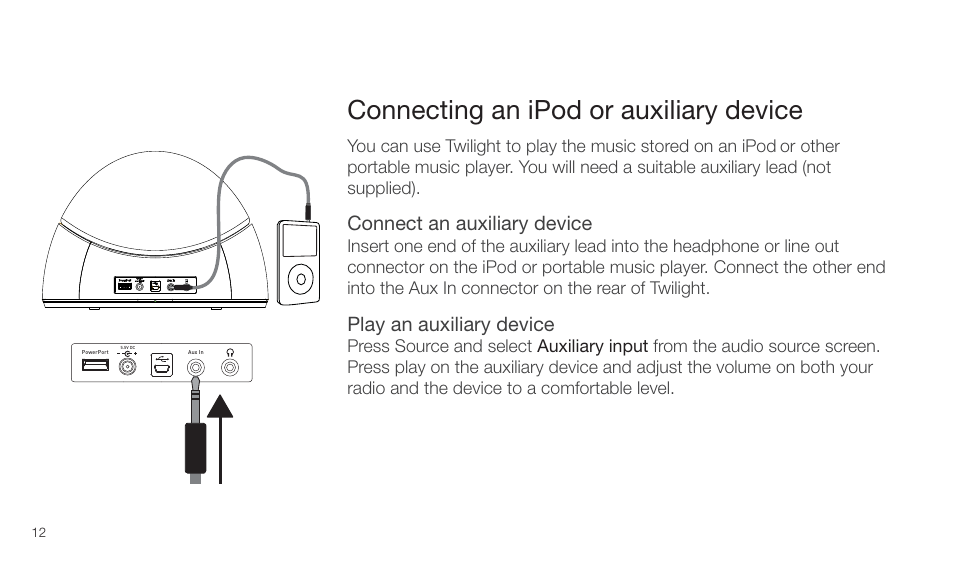 Connecting an ipod or auxiliary device | Pure Twilight User Manual | Page 12 / 160