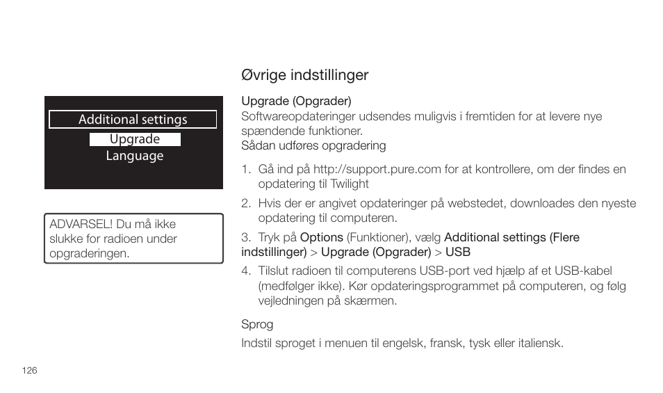 Øvrige indstillinger | Pure Twilight User Manual | Page 126 / 160