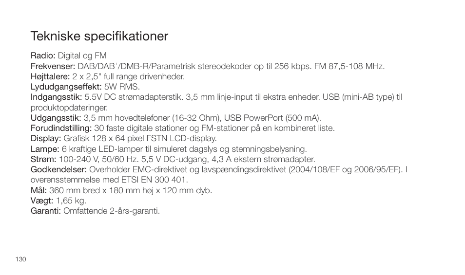 Tekniske speciﬁkationer | Pure Twilight User Manual | Page 130 / 160