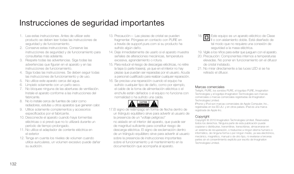 Instrucciones de seguridad importantes | Pure Twilight User Manual | Page 132 / 160