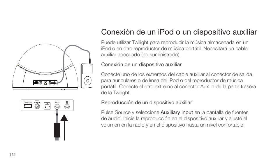 Conexión de un ipod o un dispositivo auxiliar | Pure Twilight User Manual | Page 142 / 160