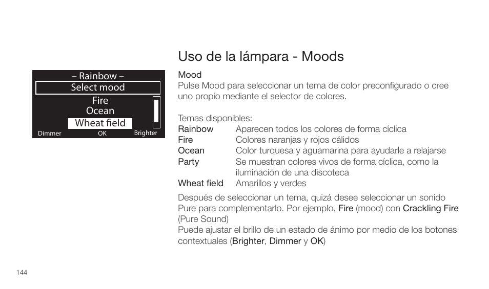 Uso de la lámpara - moods | Pure Twilight User Manual | Page 144 / 160