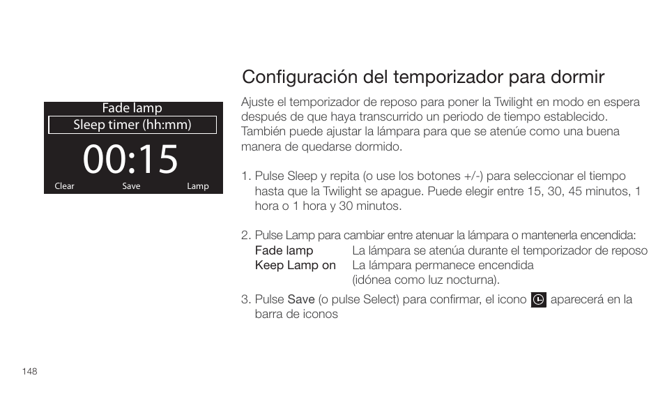 Conﬁguración del temporizador para dormir | Pure Twilight User Manual | Page 148 / 160