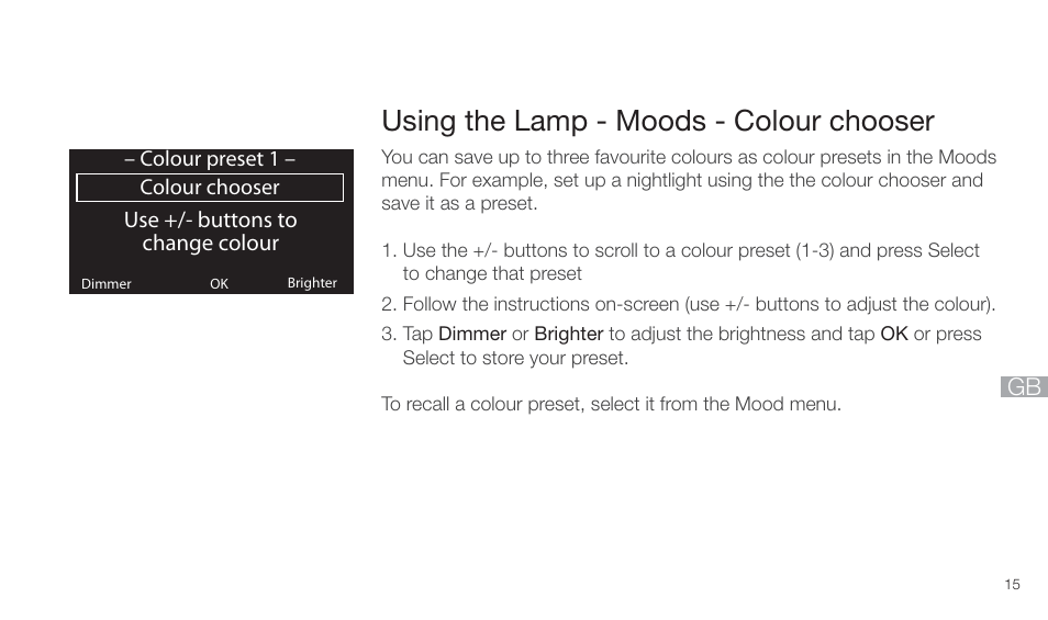 Using the lamp - moods - colour chooser | Pure Twilight User Manual | Page 15 / 160