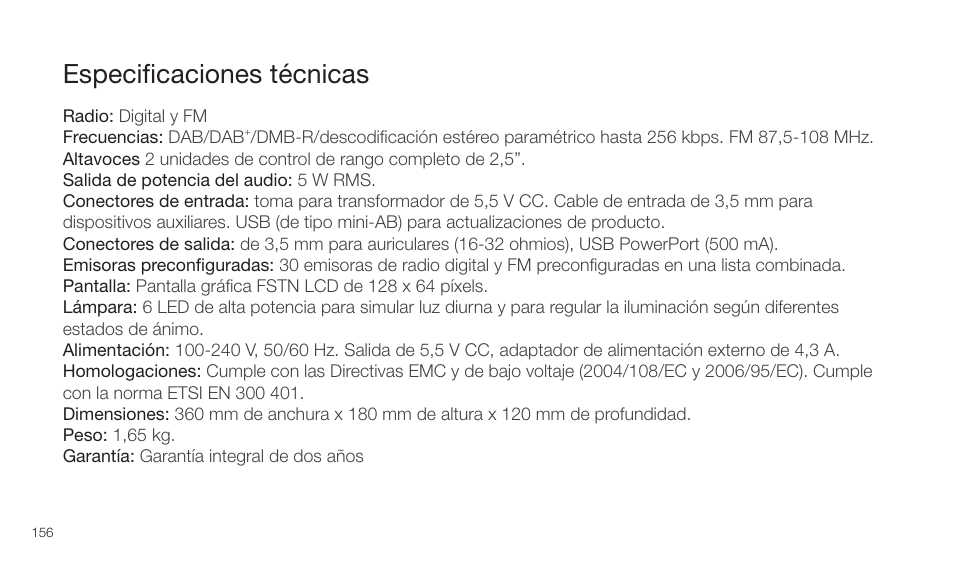 Especiﬁcaciones técnicas | Pure Twilight User Manual | Page 156 / 160