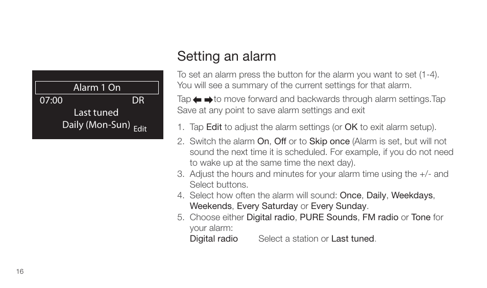 Setting an alarm | Pure Twilight User Manual | Page 16 / 160