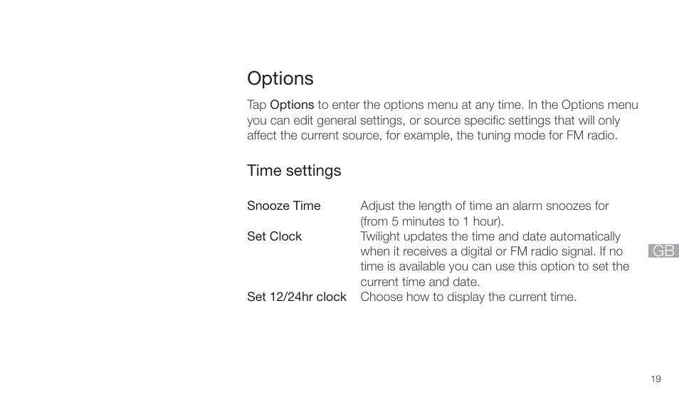 Options | Pure Twilight User Manual | Page 19 / 160