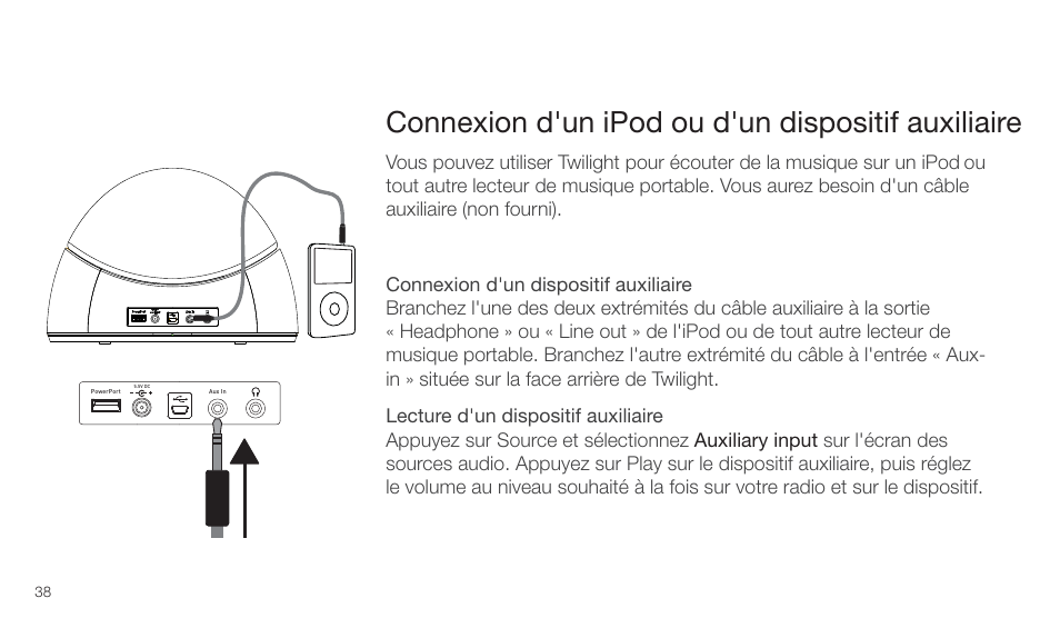 Connexion d'un ipod ou d'un dispositif auxiliaire | Pure Twilight User Manual | Page 38 / 160