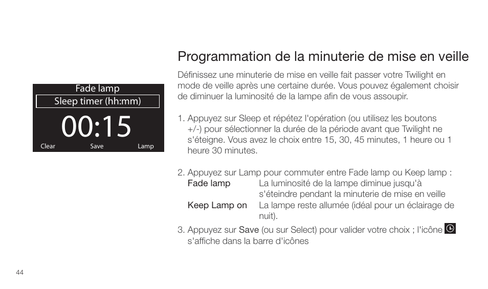 Programmation de la minuterie de mise en veille | Pure Twilight User Manual | Page 44 / 160