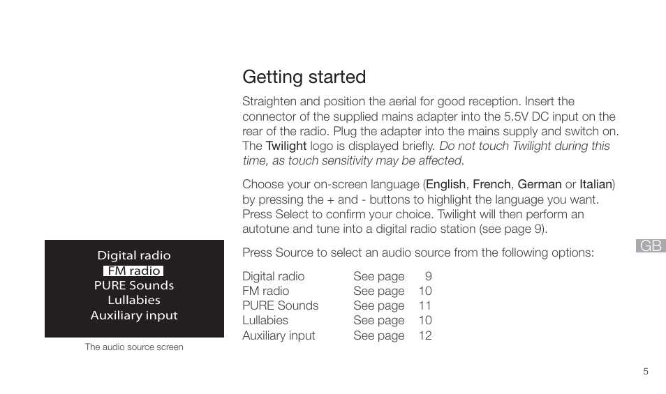 Getting started | Pure Twilight User Manual | Page 5 / 160