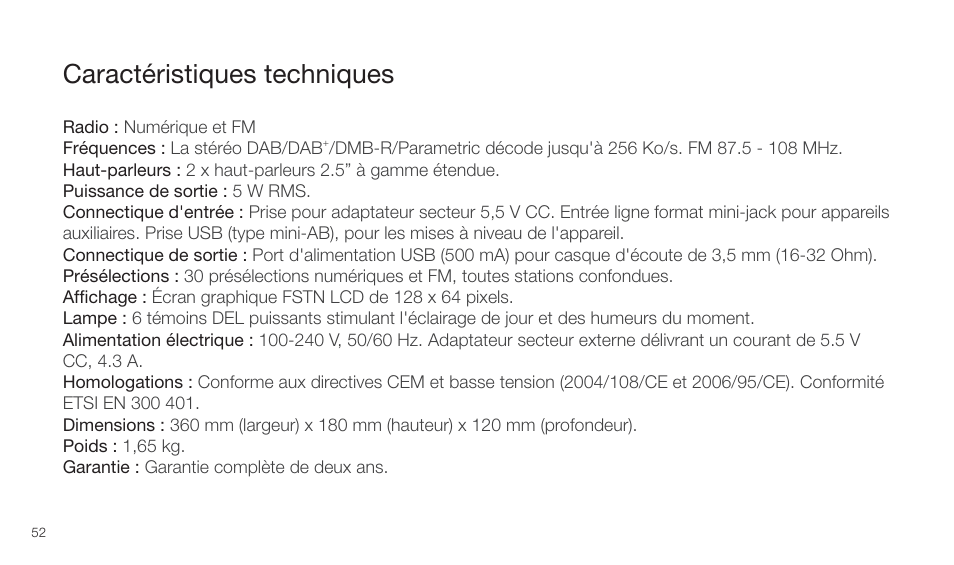 Caractéristiques techniques | Pure Twilight User Manual | Page 52 / 160