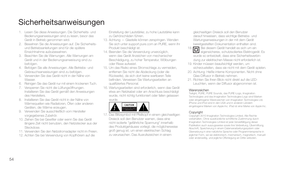 Sicherheitsanweisungen | Pure Twilight User Manual | Page 54 / 160