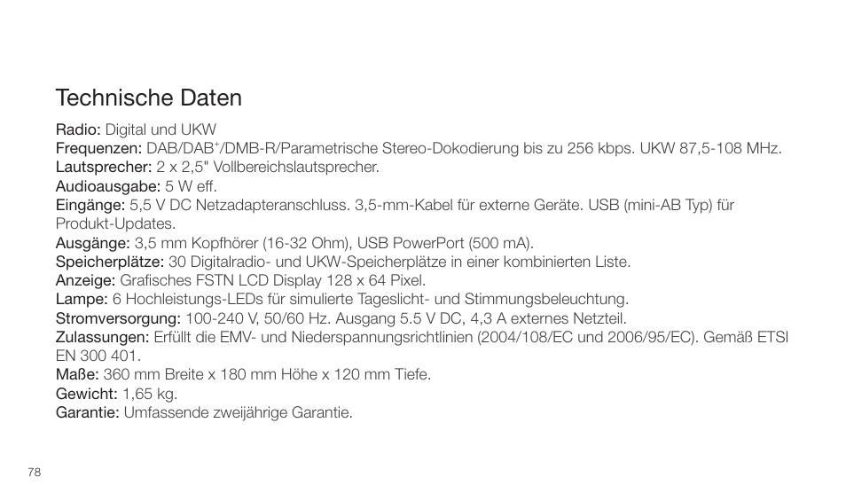 Technische daten | Pure Twilight User Manual | Page 78 / 160