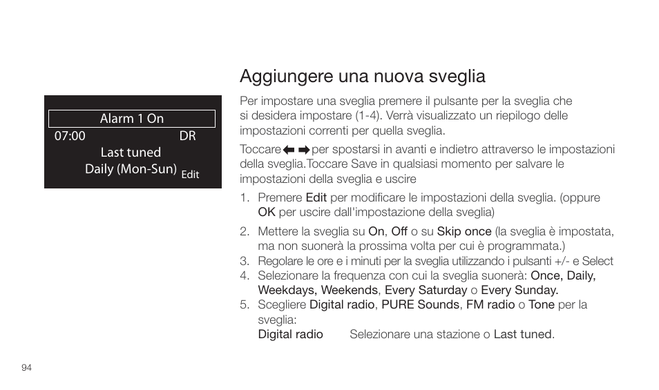 Aggiungere una nuova sveglia | Pure Twilight User Manual | Page 94 / 160