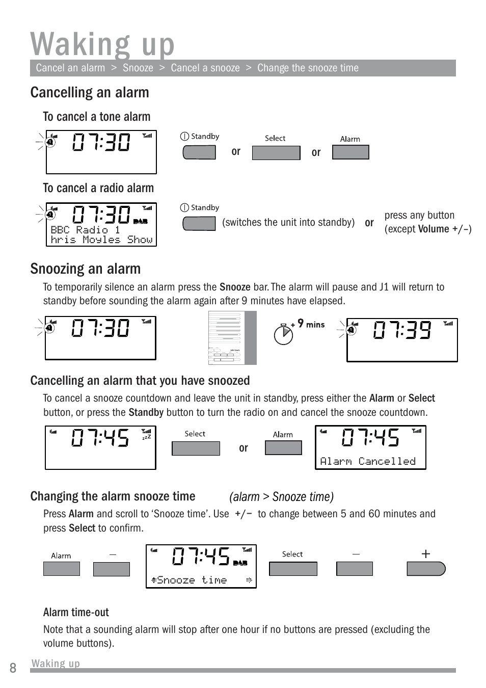 Waking up, Cancelling an alarm, Snoozing an alarm | Cancelling an alarm that you have snoozed, Changing the alarm snooze time, Alarm > snooze time) | Pure John Lewis J1 User Manual | Page 10 / 16