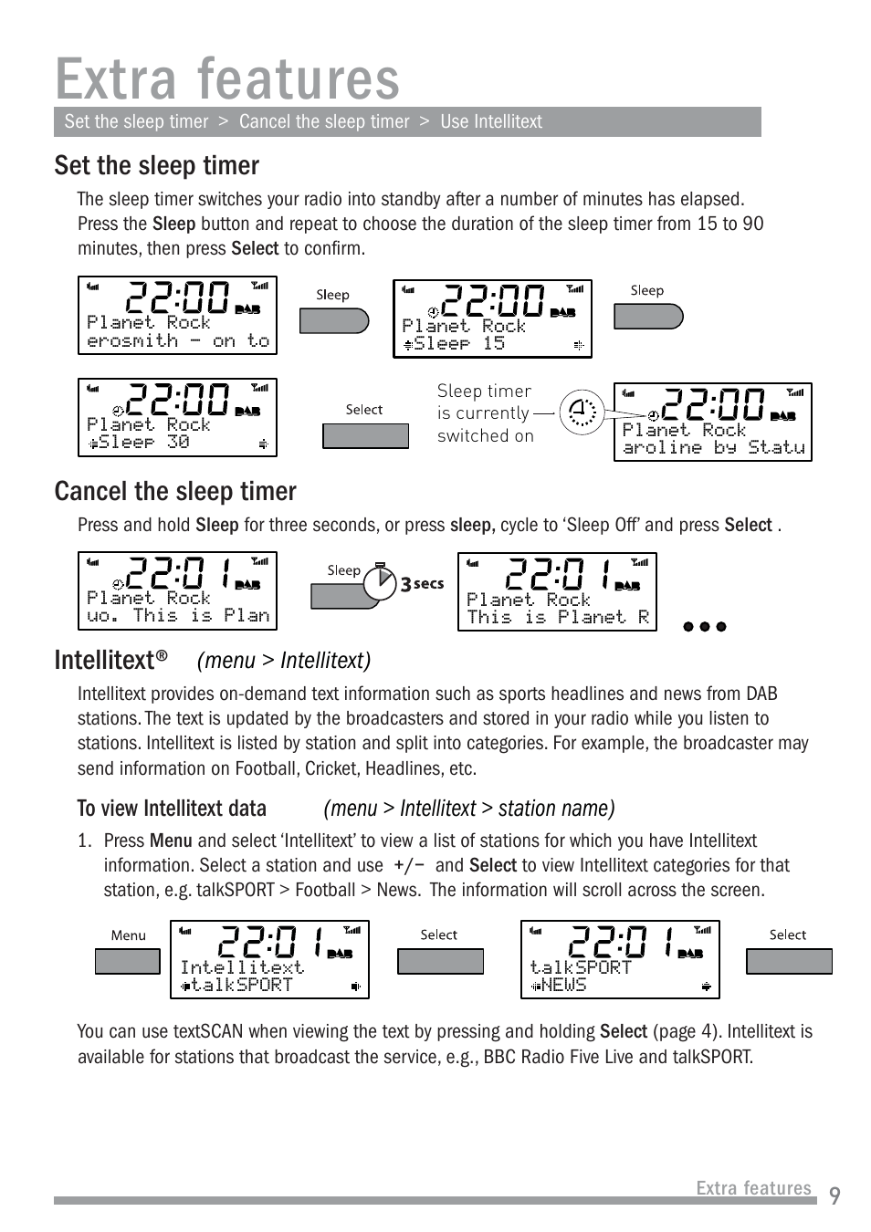 Extra features, Set the sleep timer, Cancel the sleep timer | Intellitext | Pure John Lewis J1 User Manual | Page 11 / 16