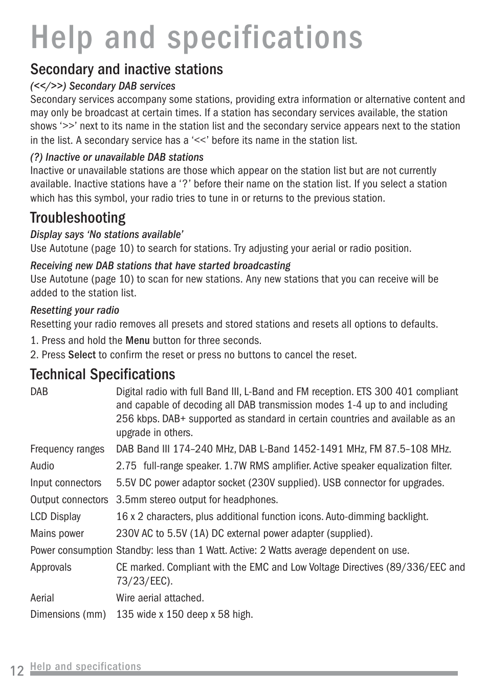 Help and specifications, Secondary and inactive stations, Troubleshooting | Technical specifications | Pure John Lewis J1 User Manual | Page 14 / 16