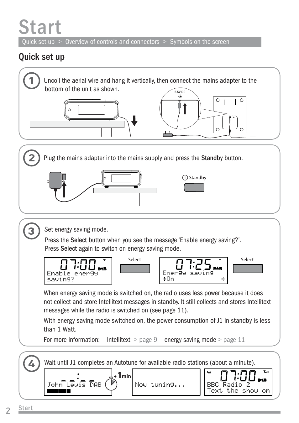 Star t, Quick set up | Pure John Lewis J1 User Manual | Page 4 / 16