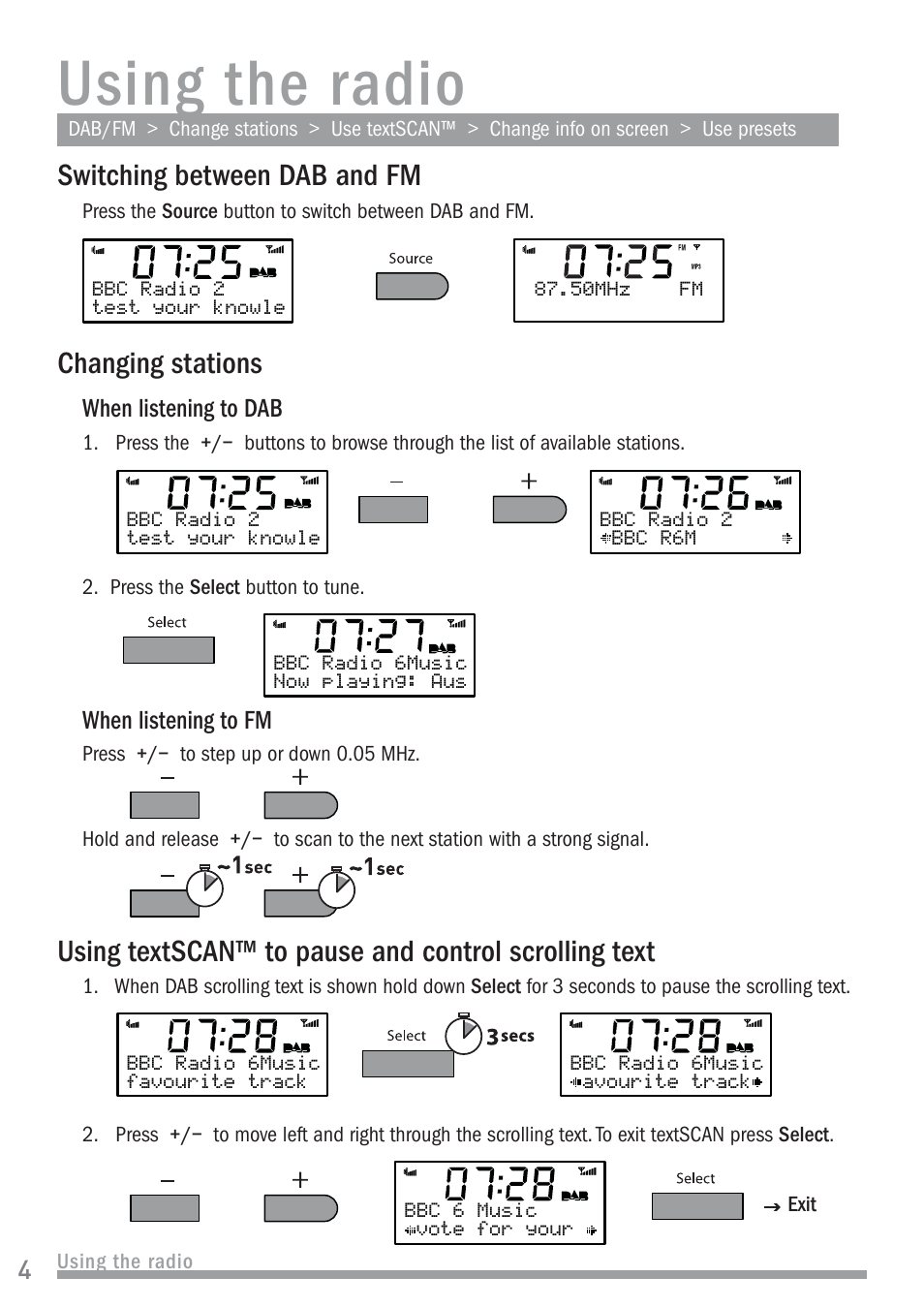 Using the radio, Switching between dab and fm, Changing stations | Pure John Lewis J1 User Manual | Page 6 / 16