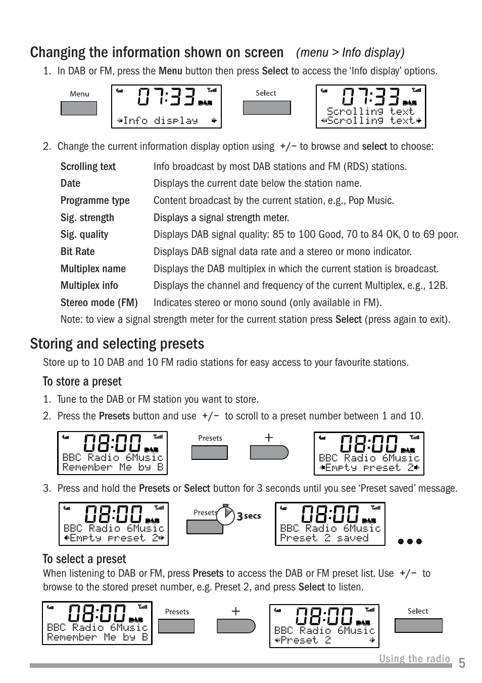 Changing the information shown on screen, Storing and selecting presets, Menu > info display) | Pure John Lewis J1 User Manual | Page 7 / 16