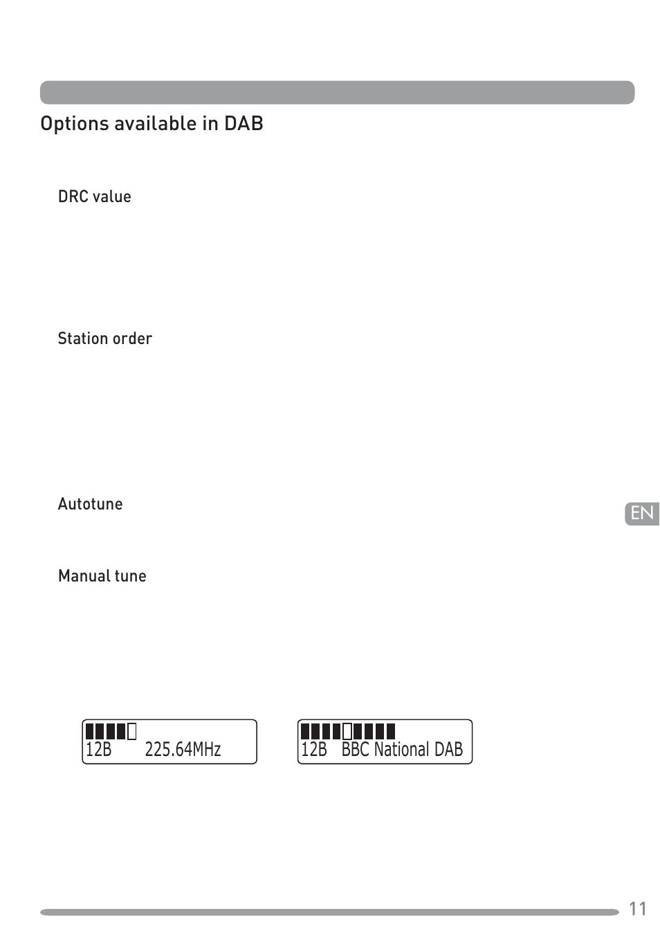 Setup options, Options available in dab | Pure Tempus-1S User Manual | Page 13 / 18