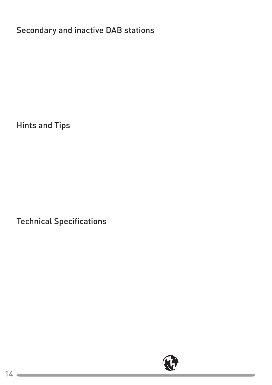 Help and specifications, Secondary and inactive dab stations, Hints and tips | Technical specifications | Pure Tempus-1S User Manual | Page 16 / 18