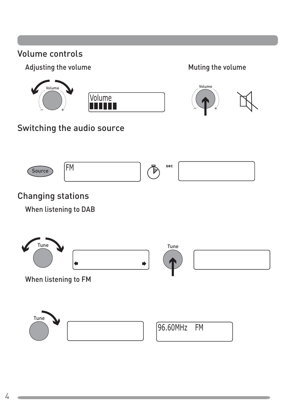 Using your tempus-1s, Volume controls, Switching the audio source | Changing stations, Bbc radio 6music bbc radio 2, Now playing: race for t bbc radio 6music, Fm volume, 50mhz fm | Pure Tempus-1S User Manual | Page 6 / 18