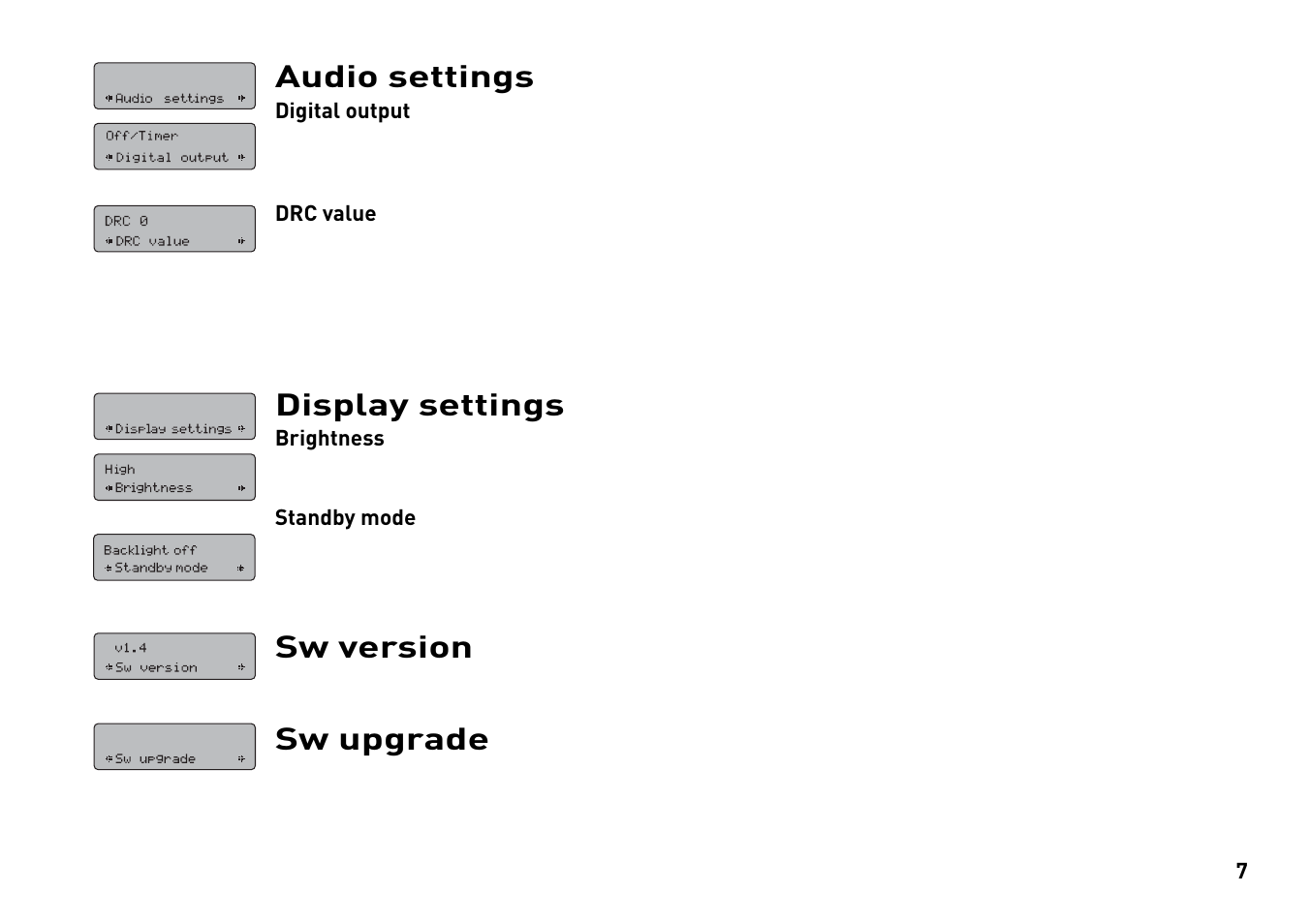 Audio settings, Display settings, Sw version | Sw upgrade | Pure Tempus-1XT - User Guide User Manual | Page 9 / 12