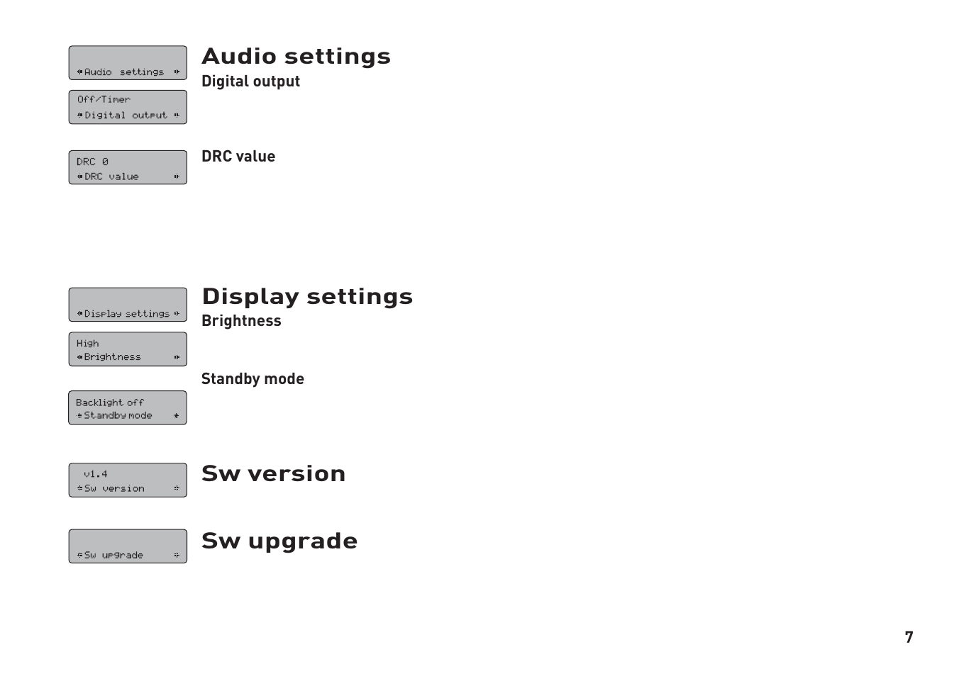 Audio settings, Display settings, Sw version | Sw upgrade | Pure Tempus-1 User Manual | Page 9 / 12