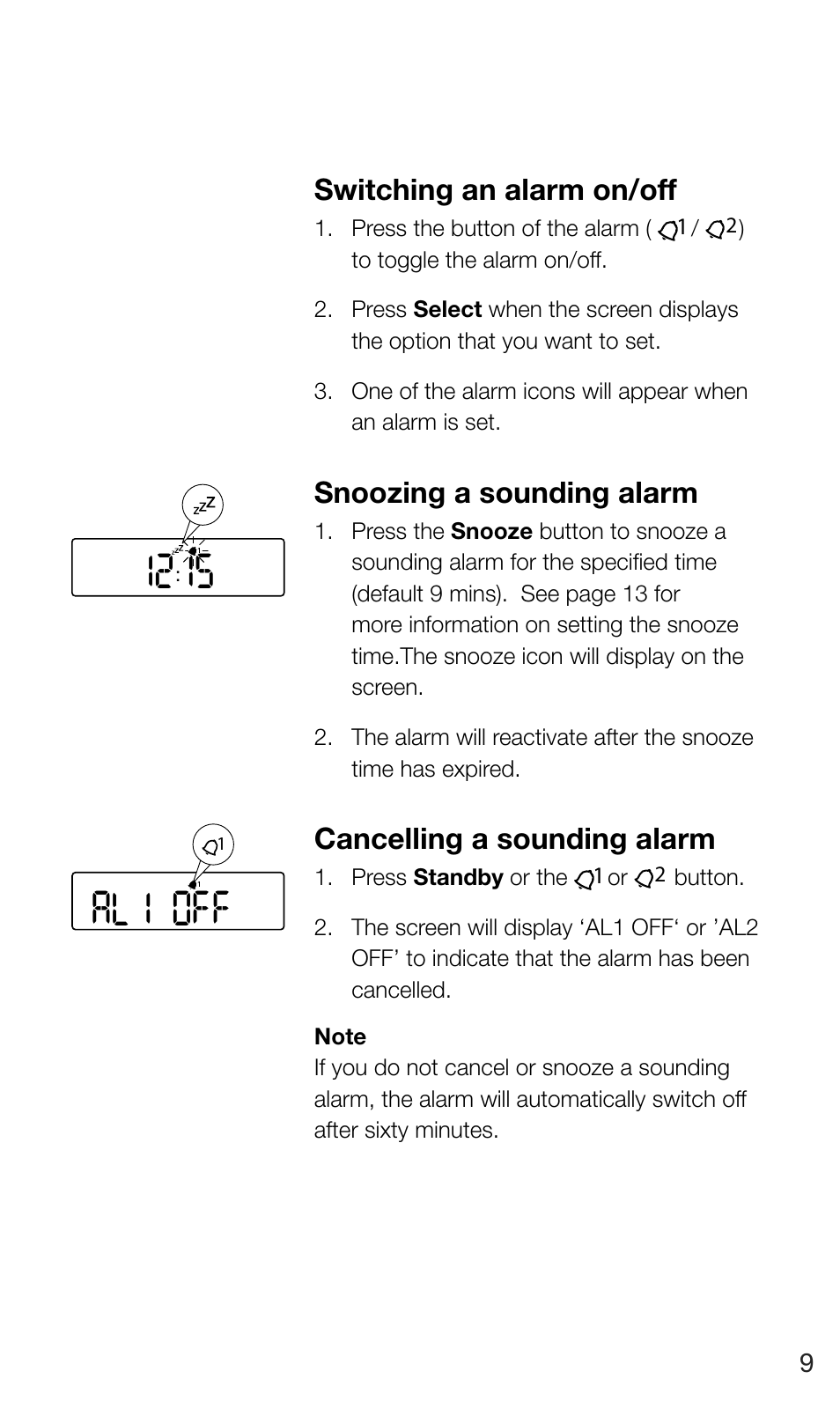 Switching an alarm on/off, Snoozing a sounding alarm, Cancelling a sounding alarm | Pure Siesta Mi Series 2 User Manual | Page 11 / 20