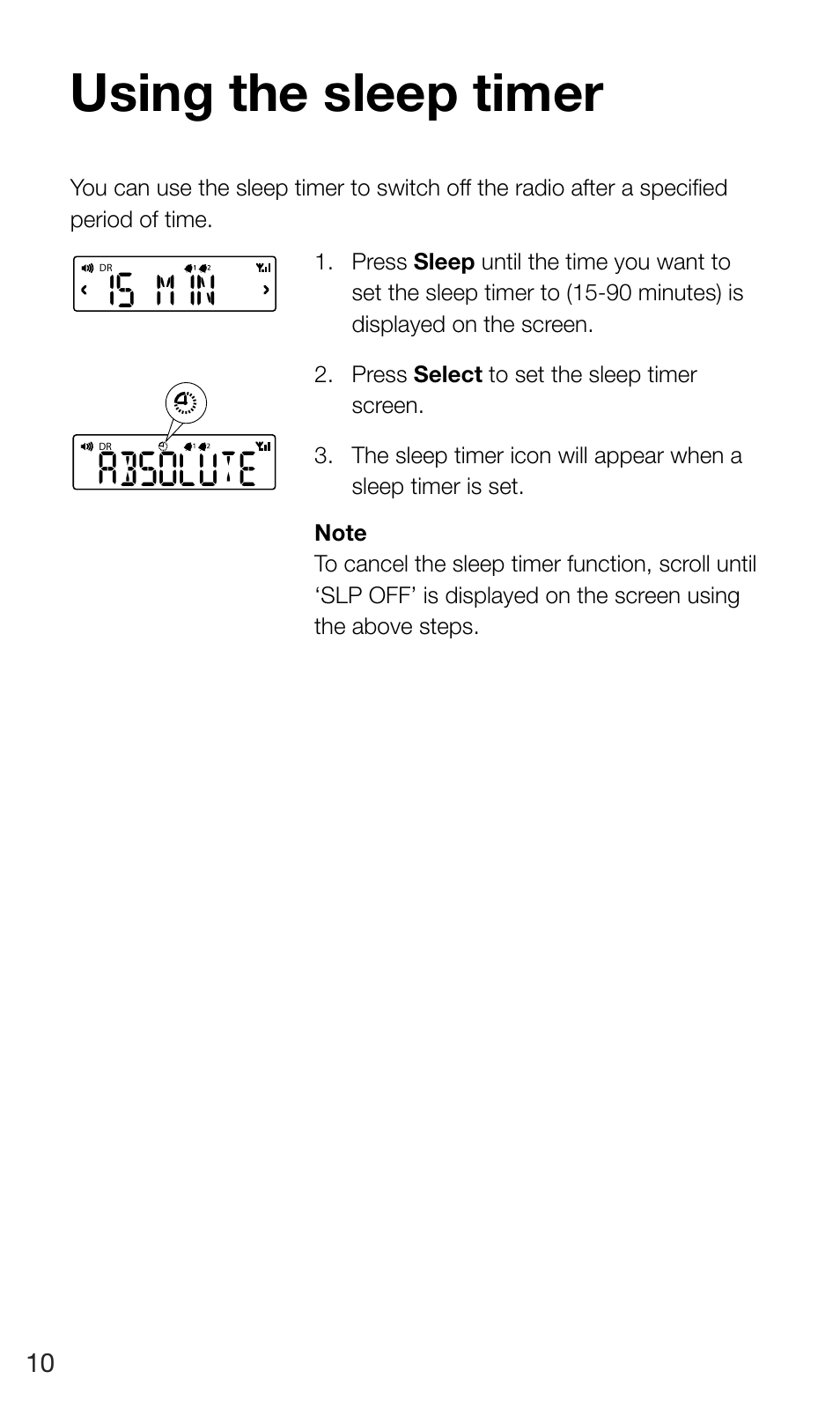Using the sleep timer, 15 min absolute | Pure Siesta Mi Series 2 User Manual | Page 12 / 20
